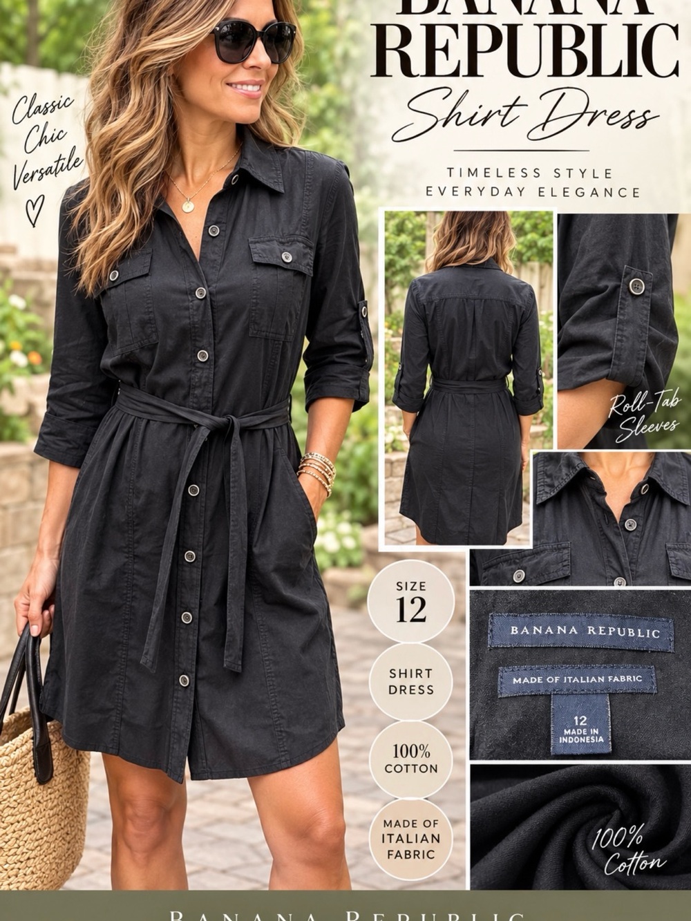 Banana Republic Womens Black Shirt Dress Belted Pockets Roll Tab size 12 Cotton